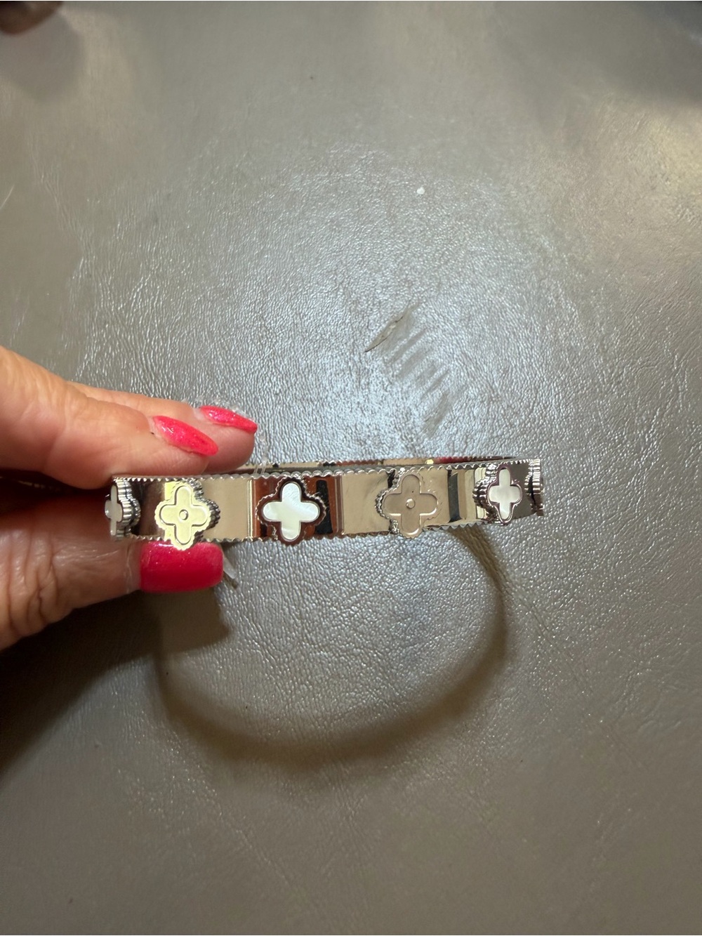 Silver Tone Clover Link Bangle Bracelet with White Inlay